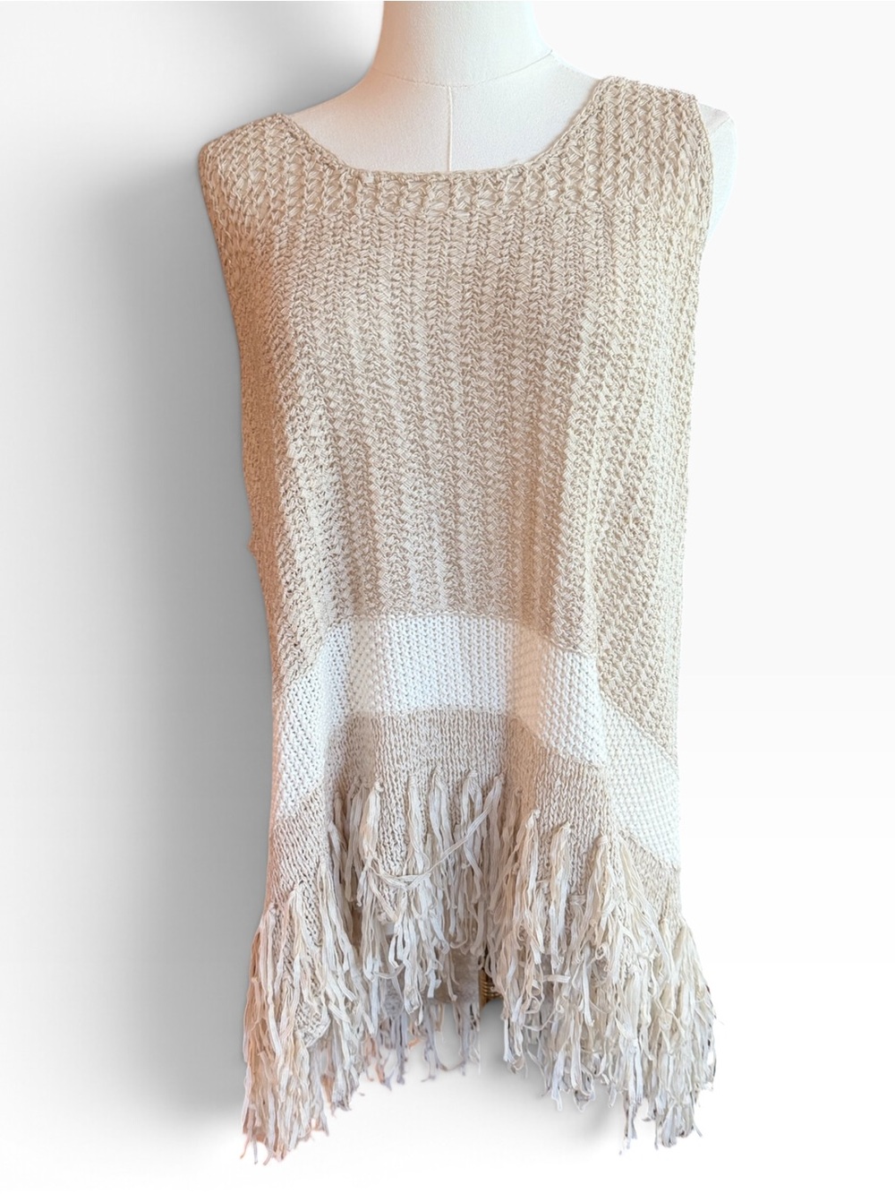Cream Crochet Knit Fringe Tunic Vest Boho Layering Top Neutral